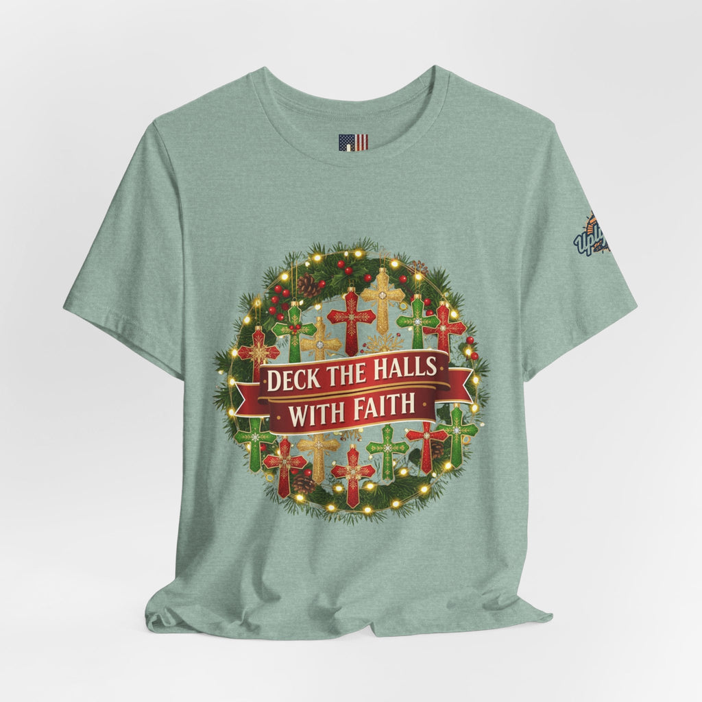 🎄 Deck the Halls with Faith – Christian Christmas T-Shirt | Cross Ornament Design & Festive Garland | Bold Holiday Faith Tee by Uplifted Gear Printify