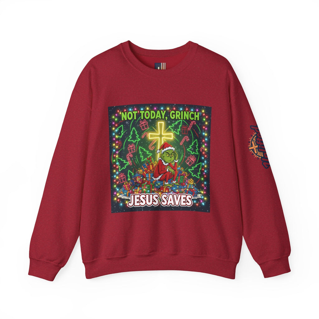 🎄 Not Today, Grinch – Jesus Saves | Funny Christian Christmas Sweatshirt | Festive Green & Red Cartoon Style | Bold Faith Holiday Tee by Uplifted Gear Printify