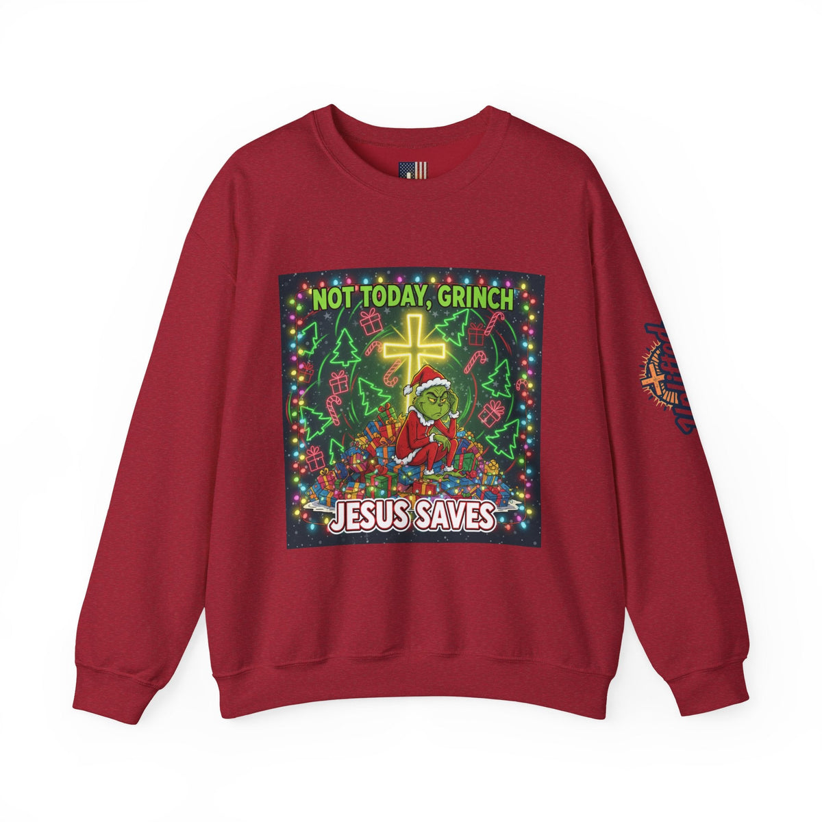 🎄 Not Today, Grinch – Jesus Saves | Funny Christian Christmas Sweatshirt | Festive Green & Red Cartoon Style | Bold Faith Holiday Tee by Uplifted Gear Printify
