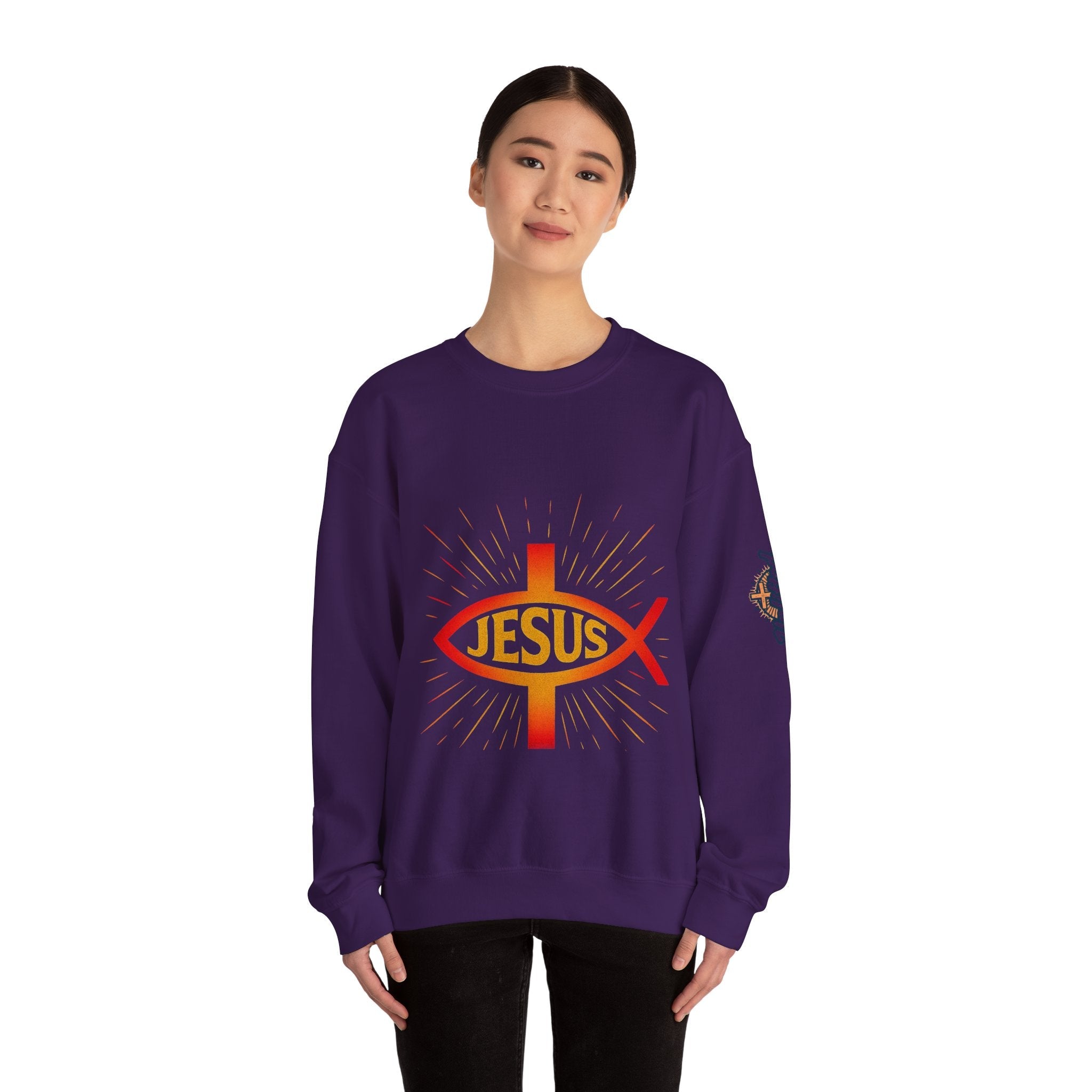 Jesus Ichthys Sweatshirt – Christian Fish Symbol with Cross & Jesus Inscription Sweatshirt for Eternal Faith & Streetwear Printify
