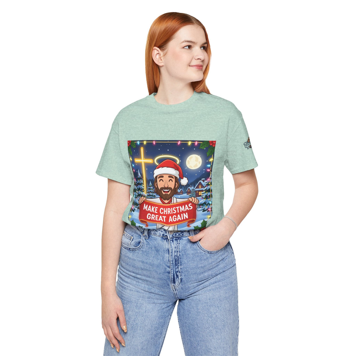 🎄 Make Christmas Great Again – Funny Christian T-Shirt | Jesus Holding Banner | Faith-Based Holiday Parody Tee | Uplifted Gear Printify