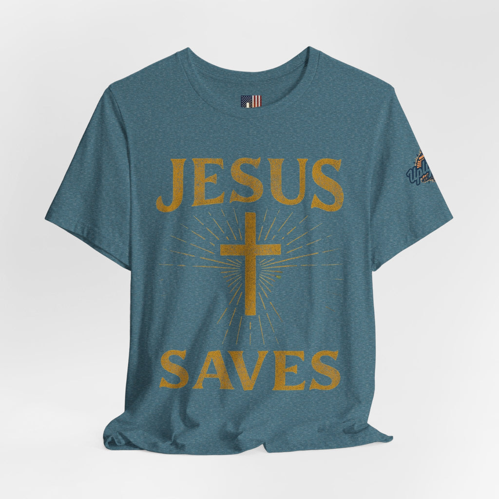 Jesus Saves T-shirt – Radiant Cross & Rays of Light Christian T-shirt for Eternal Hope & Faith Printify