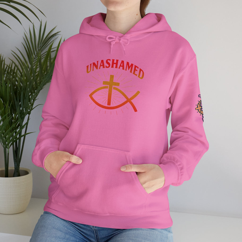 Unashamed Hoodie – Ichthys Jesus Fish & Cross Christian Sweatshirt for Romans 1:16 Bold Faith Printify