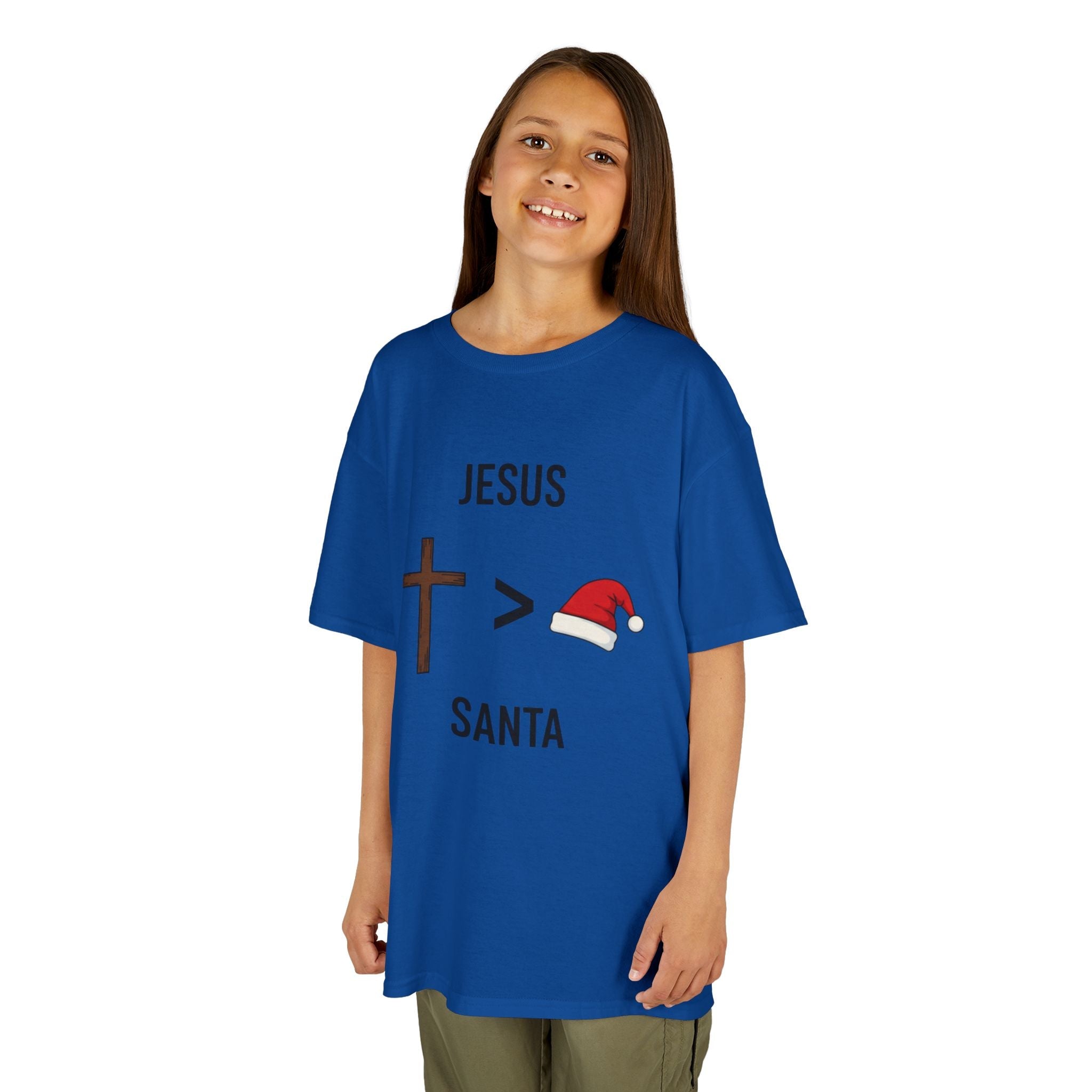 🎄 Jesus > Santa – Minimalist Christian Christmas Kids T-Shirt | Bold Faith Over Holiday Tee | Cross vs Santa Hat Design | Uplifted Gear Printify