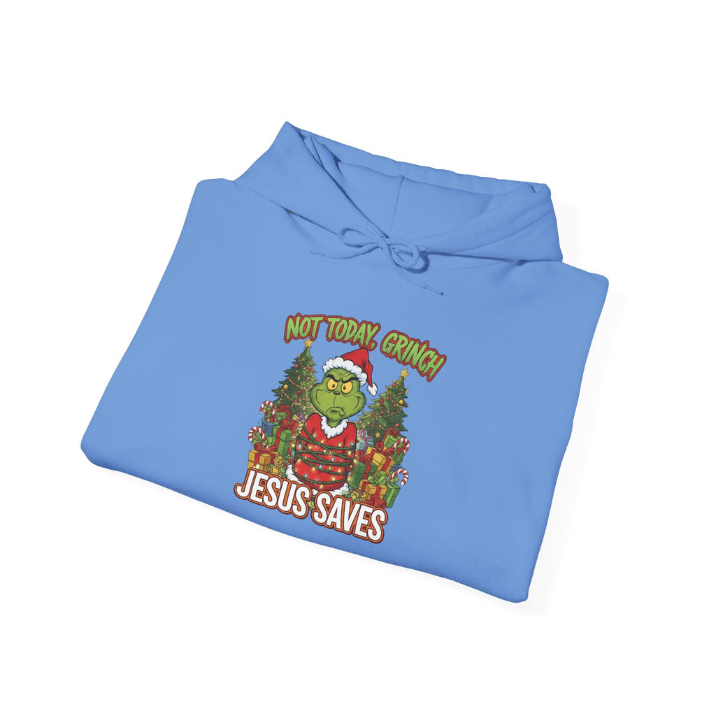 🎄 Not Today, Grinch – Jesus Saves | Funny Christian Christmas Hoodie | Sulking Grinch & Glowing Cross | Bold Neon Faith Tee by Uplifted Gear Printify