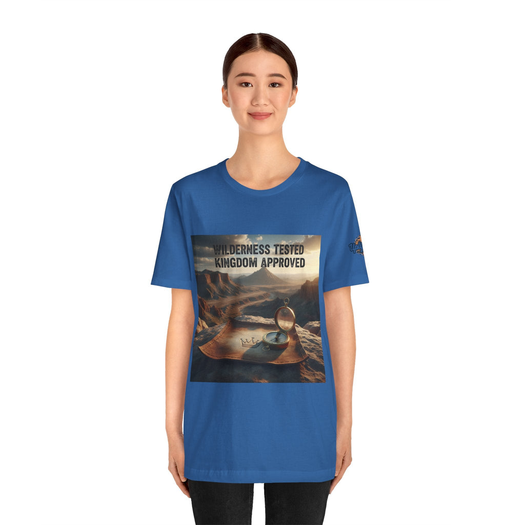 Wilderness Tested Kingdom Approved T-shirt – Mountain Desert Compass Crown Christian T-shirt for Biblical Adventure Faith Printify