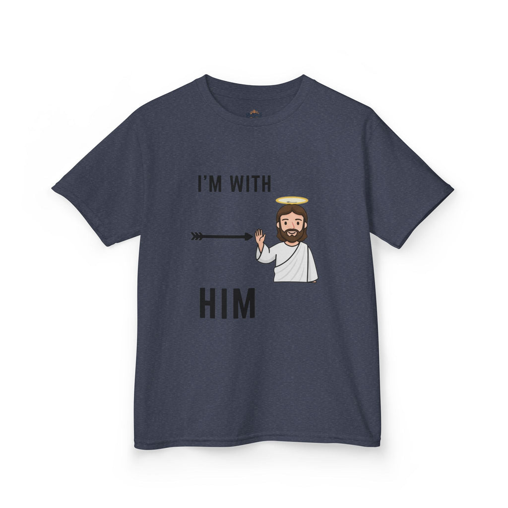 🔥 I’m With Him → Christian Kids T-Shirt | Arrow Pointing to Jesus | Minimalist Faith Tee | Subtle Cross Design | Bible-Inspired Apparel by Uplifted Gear Printify