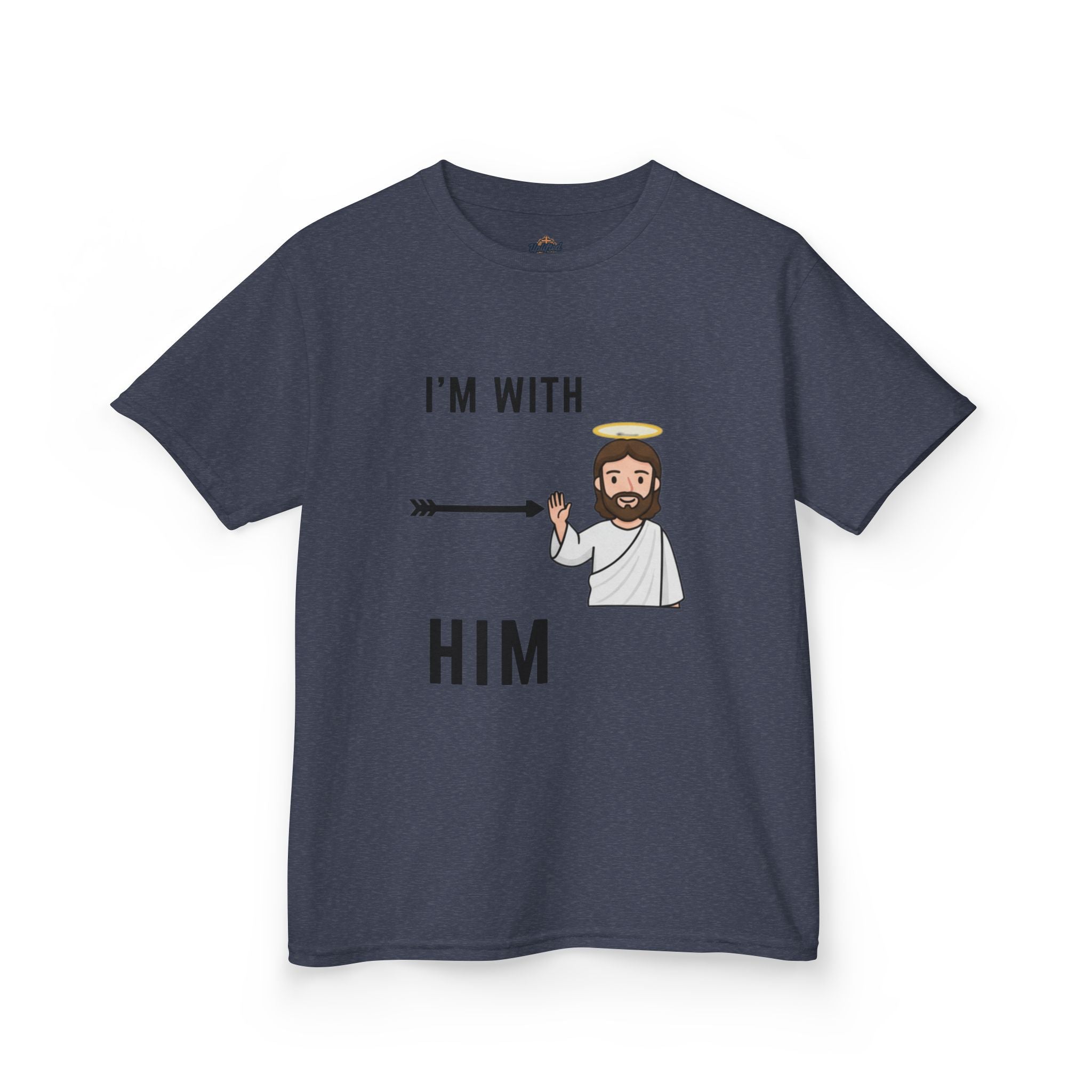🔥 I’m With Him → Christian Kids T-Shirt | Arrow Pointing to Jesus | Minimalist Faith Tee | Subtle Cross Design | Bible-Inspired Apparel by Uplifted Gear Printify
