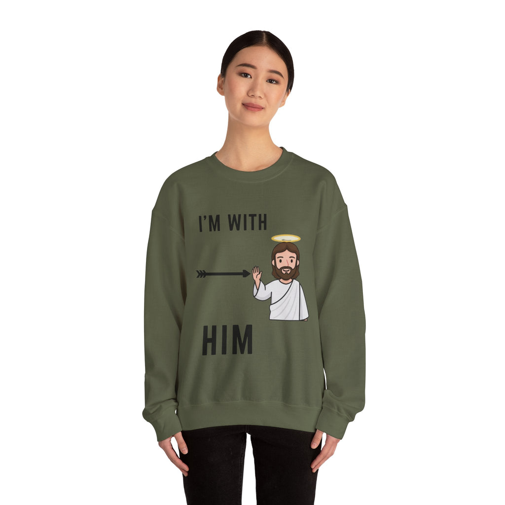 🔥 I’m With Him → Christian Sweatshirt | Arrow Pointing to Jesus | Minimalist Faith Tee | Subtle Cross Design | Bible-Inspired Apparel by Uplifted Gear Printify