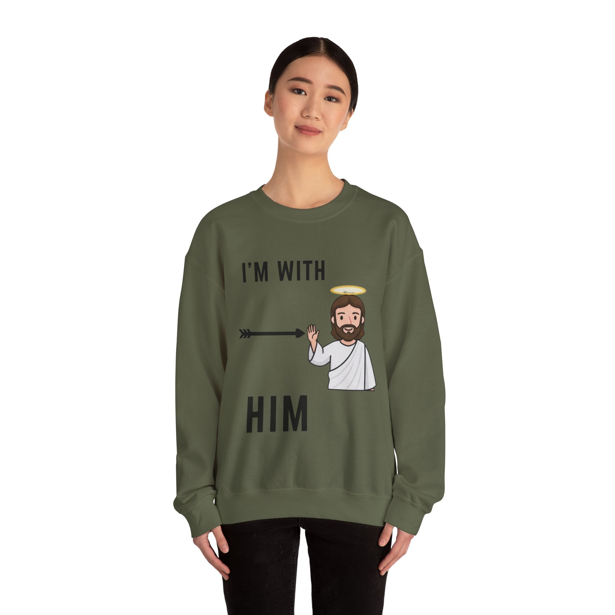 🔥 I’m With Him → Christian Sweatshirt | Arrow Pointing to Jesus | Minimalist Faith Tee | Subtle Cross Design | Bible-Inspired Apparel by Uplifted Gear Printify