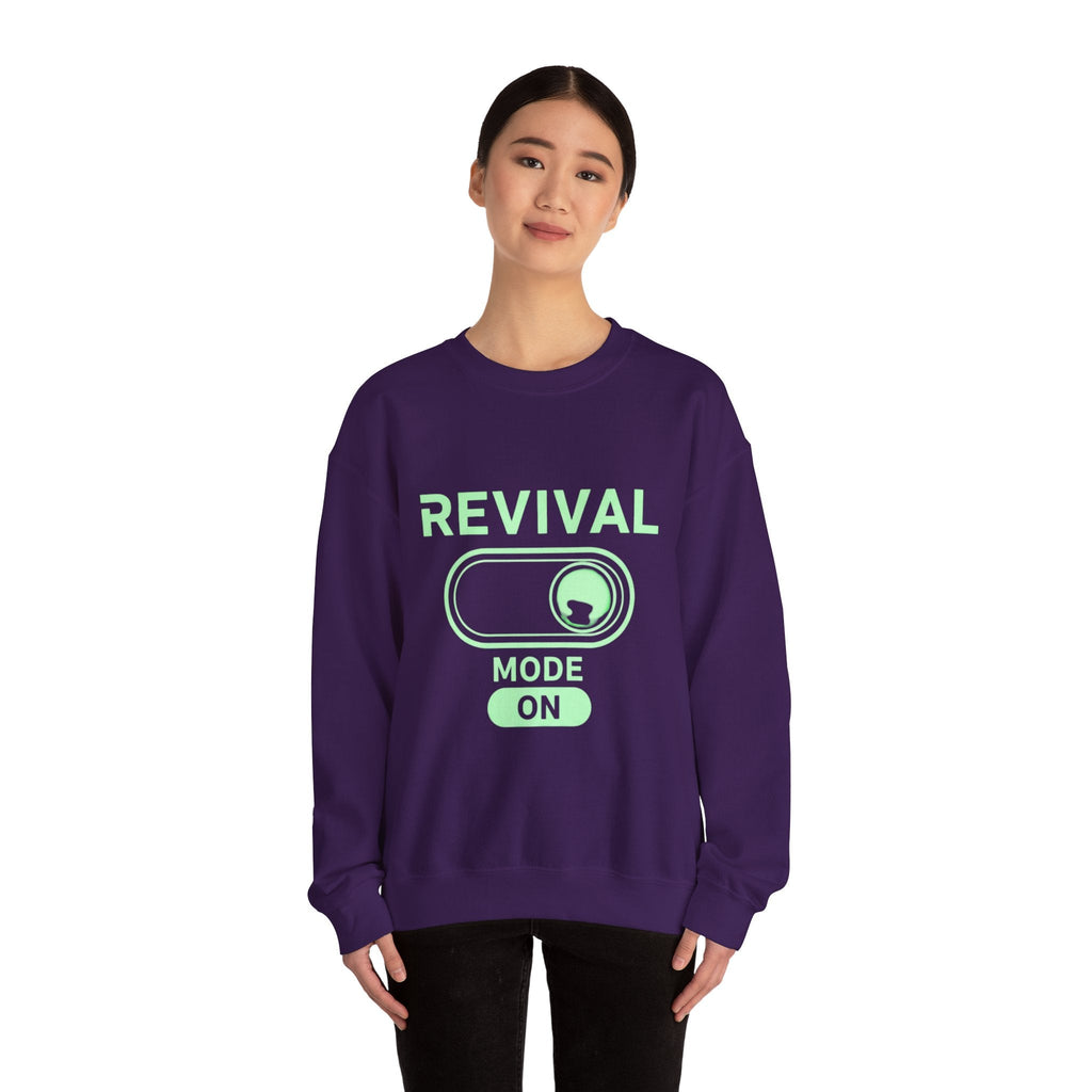 🔥 Revival Mode: ON – Christian Techwear Sweatshirt | Glowing Green Faith Switch | Futuristic Jesus Shirt | Activate Your Spiritual Awakening | Uplifted Gear Printify