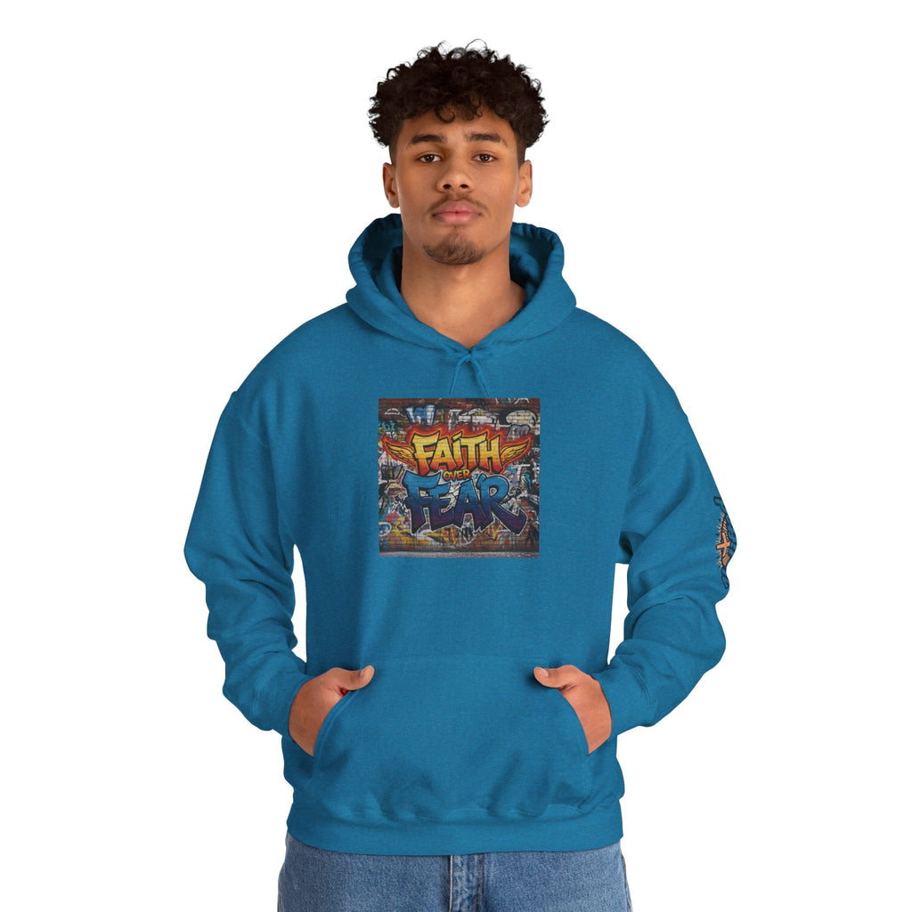 Faith Over Fear Hoodie – Graffiti Wall Christian Sweatshirt for Bold 2 Corinthians 5:7 Streetwear & Unshakable Faith Printify