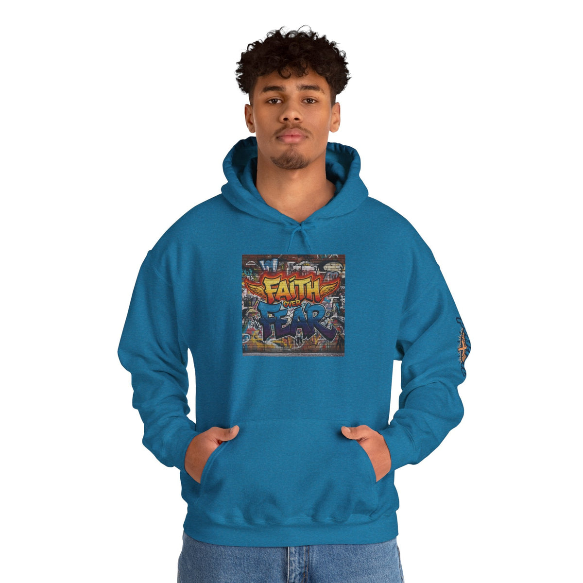 Faith Over Fear Hoodie – Graffiti Wall Christian Sweatshirt for Bold 2 Corinthians 5:7 Streetwear & Unshakable Faith Printify