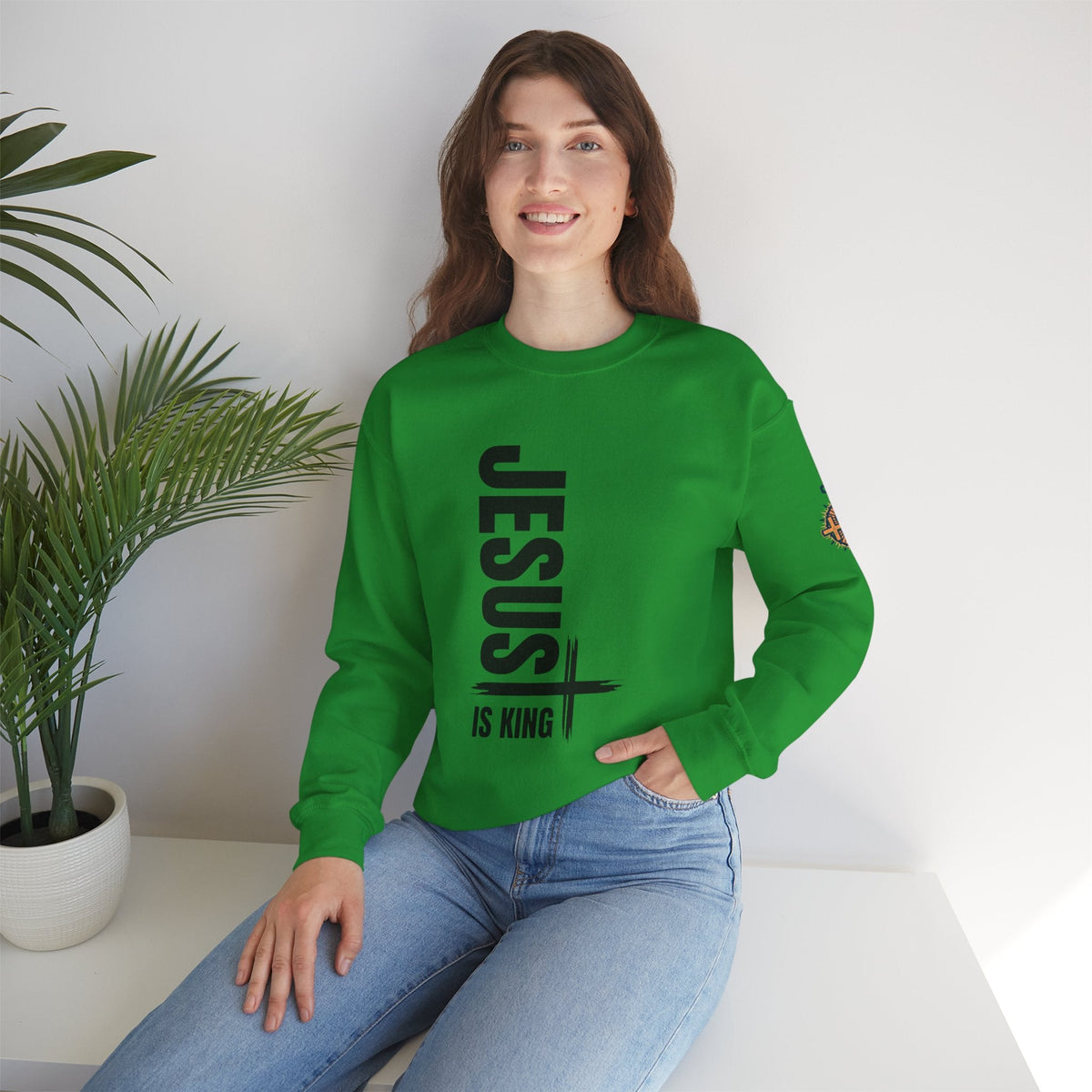 Jesus Is King Sweatshirt | Modern Typographic Cross Christian Sweatshirt Printify