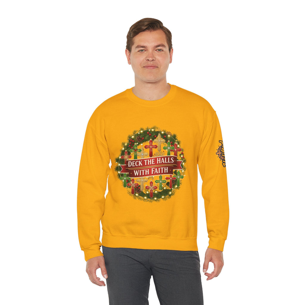 🎄 Deck the Halls with Faith – Christian Christmas Sweatshirt | Cross Ornament Design & Festive Garland | Bold Holiday Faith Tee by Uplifted Gear Printify