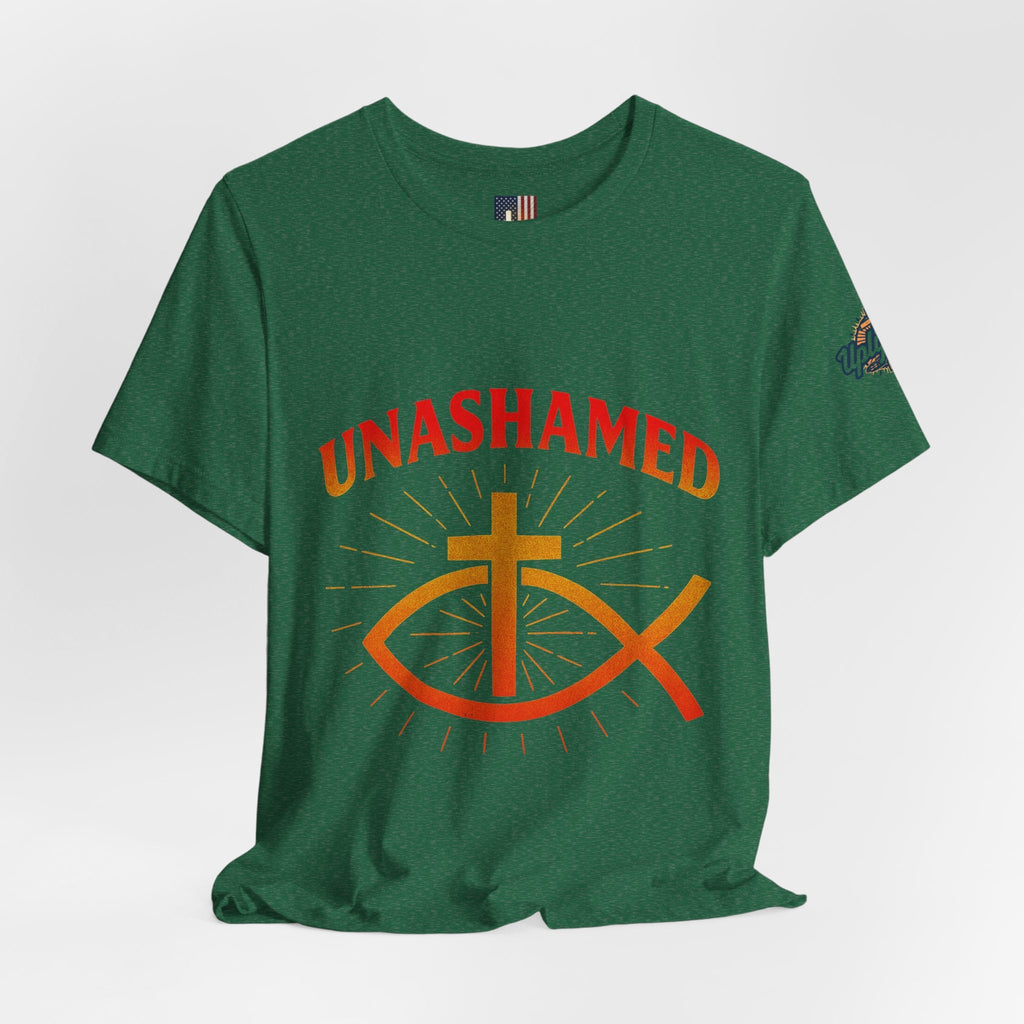 Unashamed T-shirt – Ichthys Jesus Fish & Cross Christian T-shirt for Romans 1:16 Bold Faith Printify