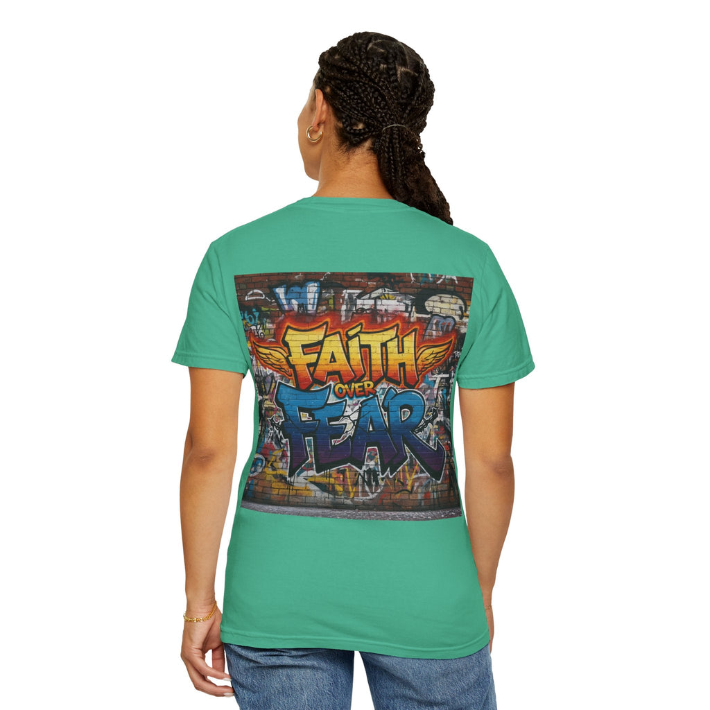 Faith Over Fear T-shirt – Graffiti Wall Christian T-shirt for Bold 2 Corinthians 5:7 Streetwear & Unshakable Faith Printify