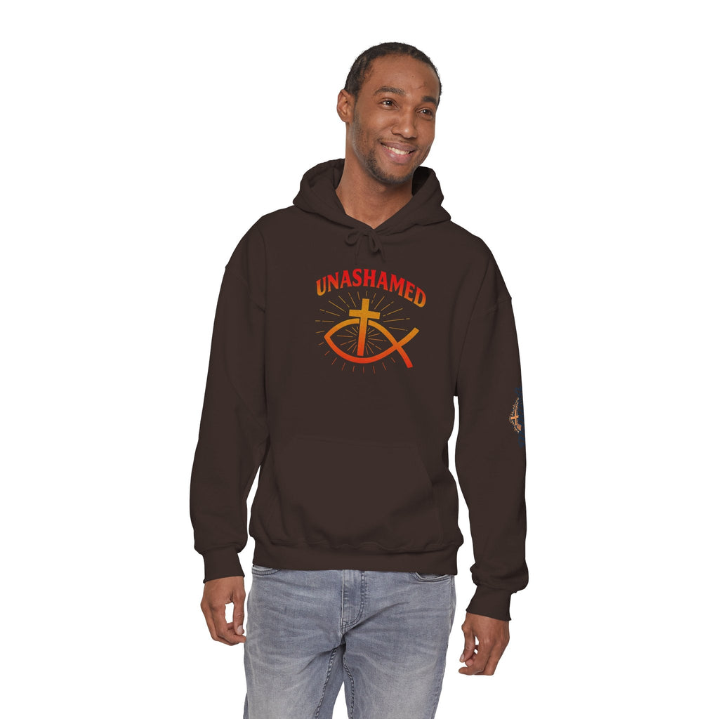 Unashamed Hoodie – Ichthys Jesus Fish & Cross Christian Sweatshirt for Romans 1:16 Bold Faith Printify