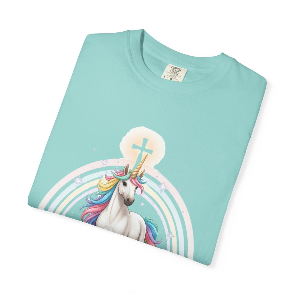 Unique Unicorn Christian T-Shirt – Wonderfully Made with Rainbow Cross & Psalm 139:14 Printify
