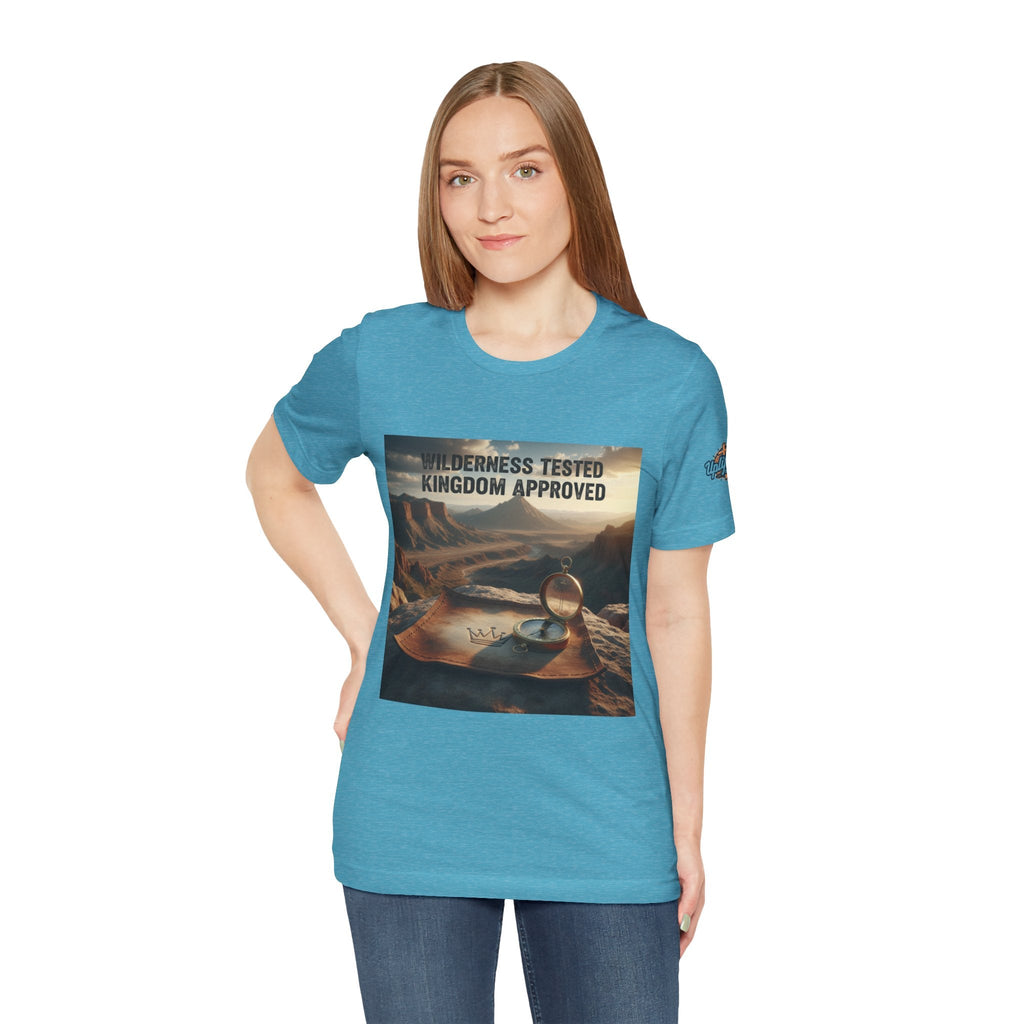 Wilderness Tested Kingdom Approved T-shirt – Mountain Desert Compass Crown Christian T-shirt for Biblical Adventure Faith Printify