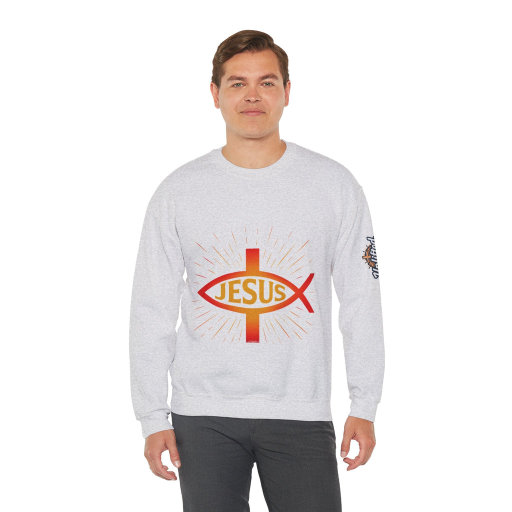 Jesus Ichthys Sweatshirt – Christian Fish Symbol with Cross & Jesus Inscription Sweatshirt for Eternal Faith & Streetwear Printify