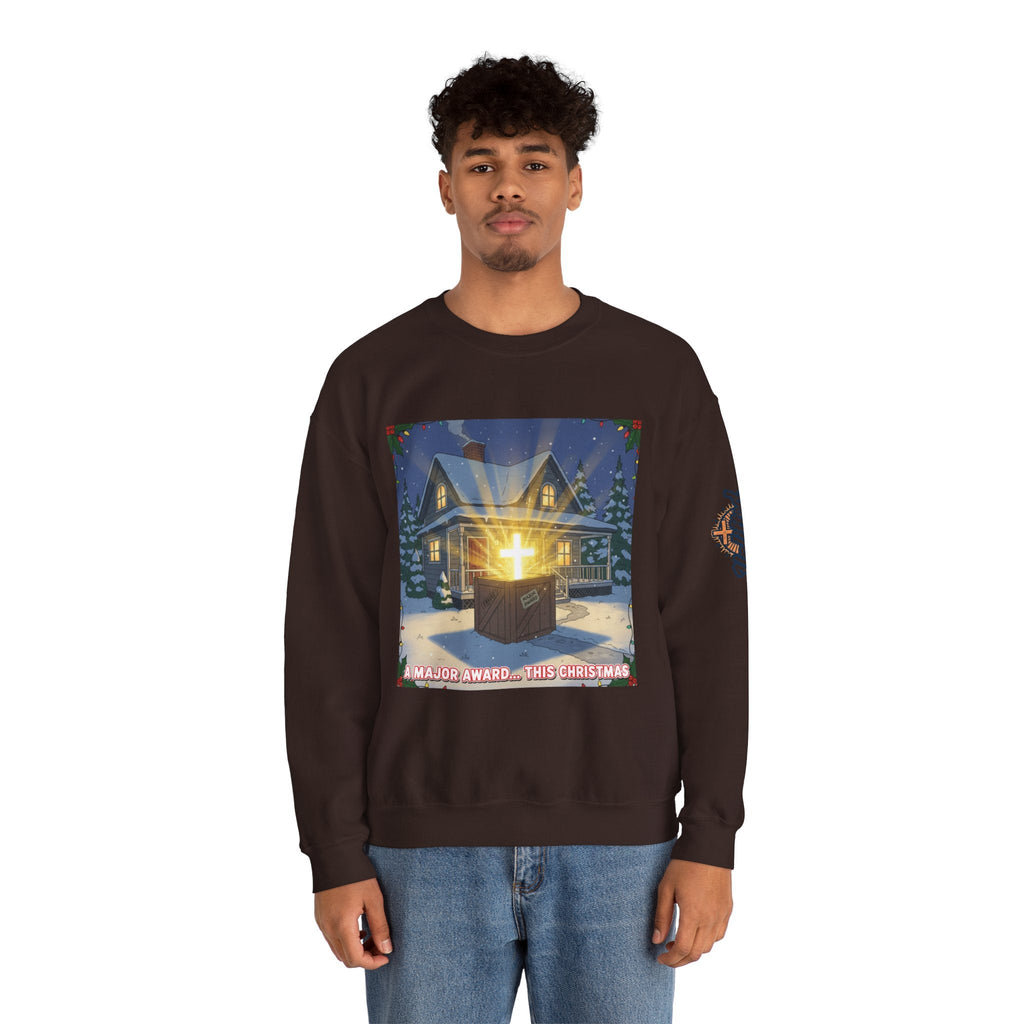 A Major Award This Christmas Sweatshirt – Fragile Leg Lamp Parody Cross Unboxing Christian Sweatshirt for Hilarious Faith & Holiday Glow Printify