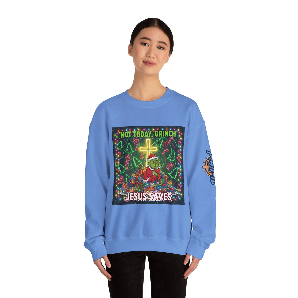 🎄 Not Today, Grinch – Jesus Saves | Funny Christian Christmas Sweatshirt | Festive Green & Red Cartoon Style | Bold Faith Holiday Tee by Uplifted Gear Printify