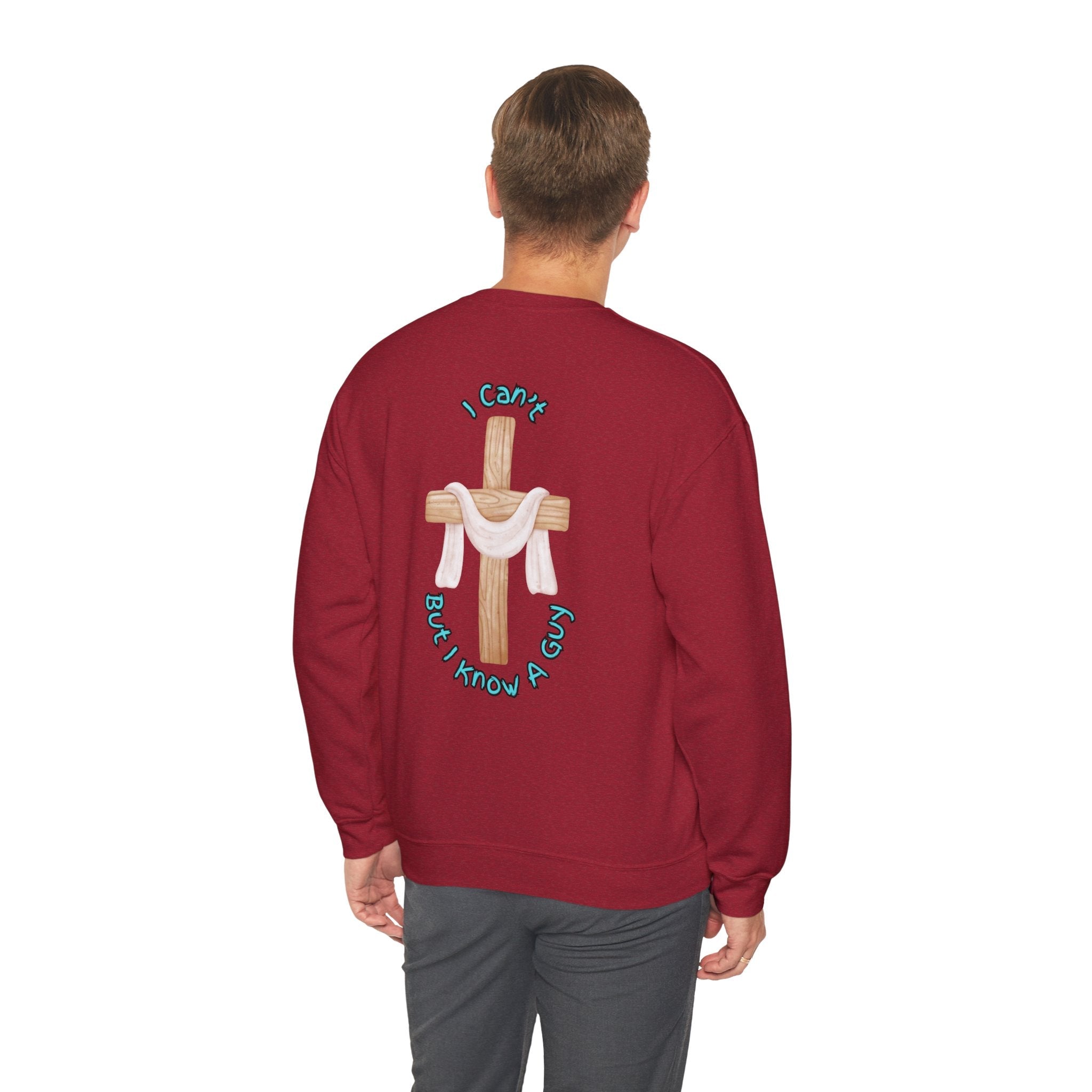 I Can’t, But I Know a Guy Sweatshirt – Jesus Cross Christian Sweatshirt for Cozy Faith Printify