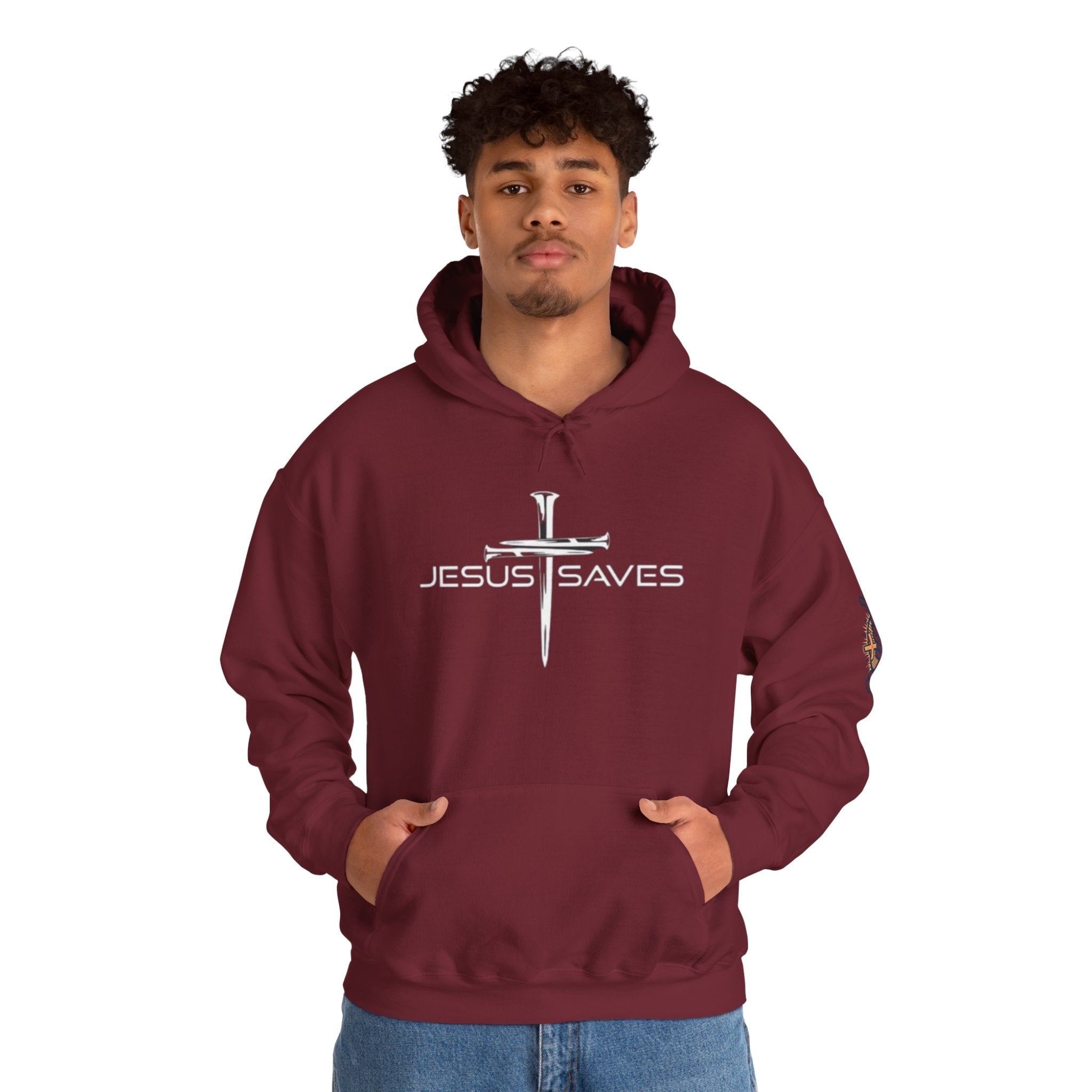 Jesus Saves Hoodie – 3 Nails Crucifix Cross Christian Sweatshirt for Redemption Faith & Bold Salvation Printify