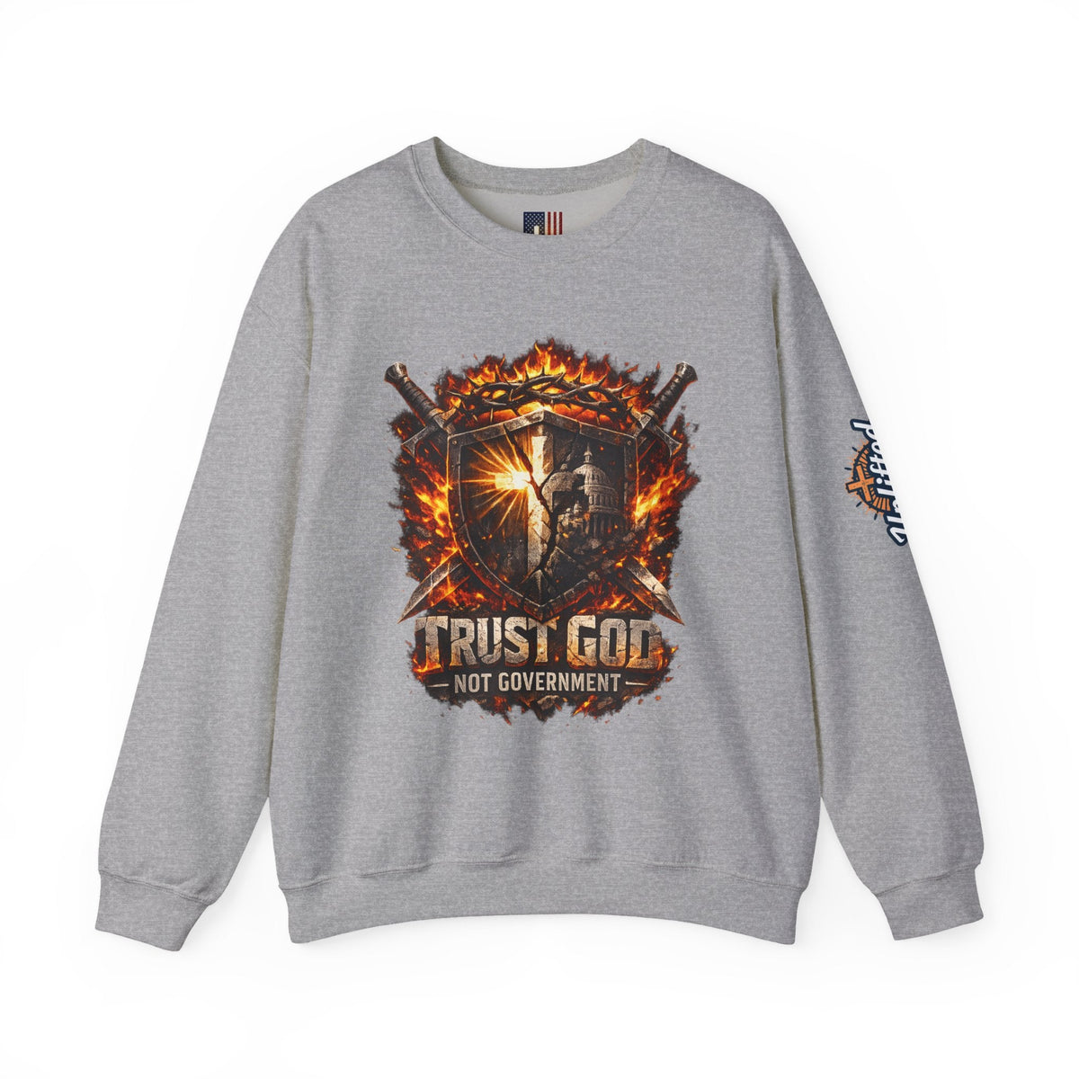 Trust God Not Government Shield Sweatshirt — Patriotic Christian Faith Sweatshirt Printify