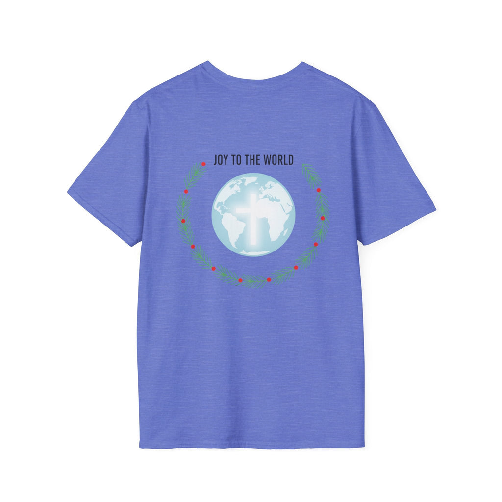 Joy to the World T-shirt – Wreath Earth Nativity Christian Christmas T-shirt for Isaiah 9:6 Holiday Faith & Festive Joy Printify