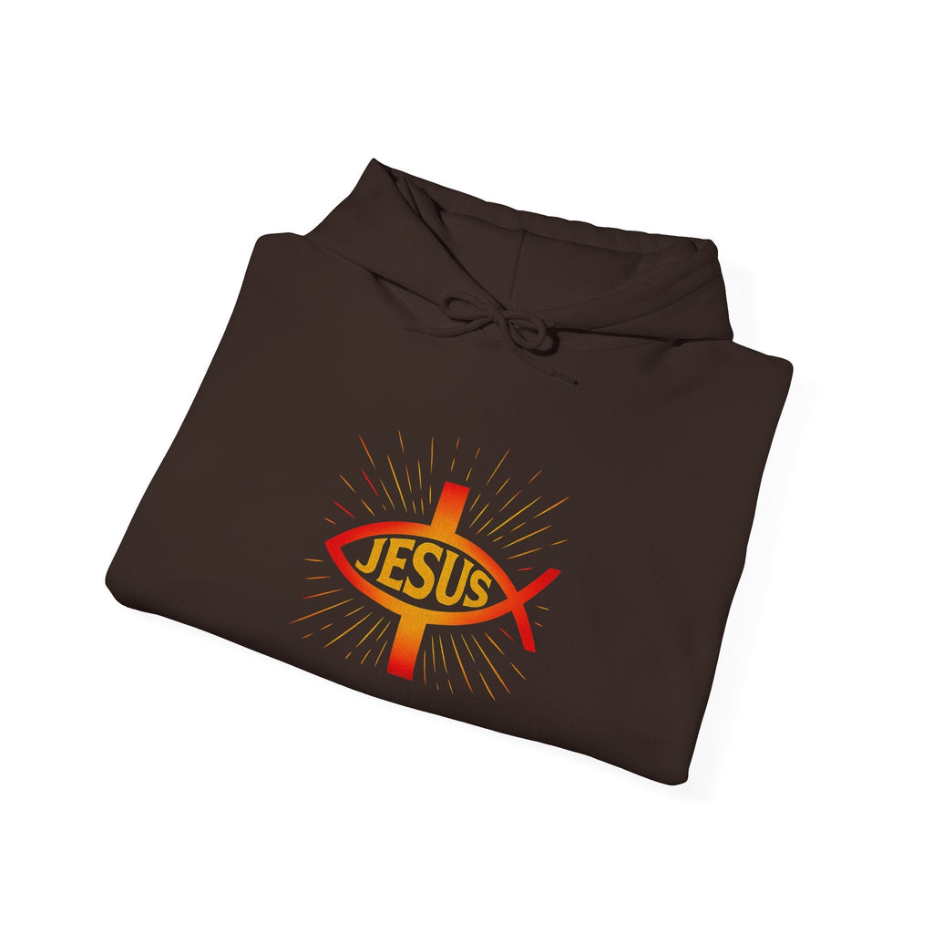 Jesus Ichthys Hoodie – Christian Fish Symbol with Cross & Jesus Inscription Sweatshirt for Eternal Faith & Streetwear Printify
