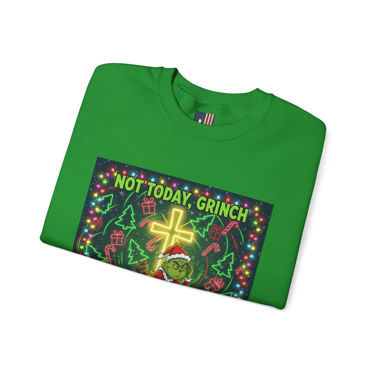 🎄 Not Today, Grinch – Jesus Saves | Funny Christian Christmas Sweatshirt | Festive Green & Red Cartoon Style | Bold Faith Holiday Tee by Uplifted Gear Printify