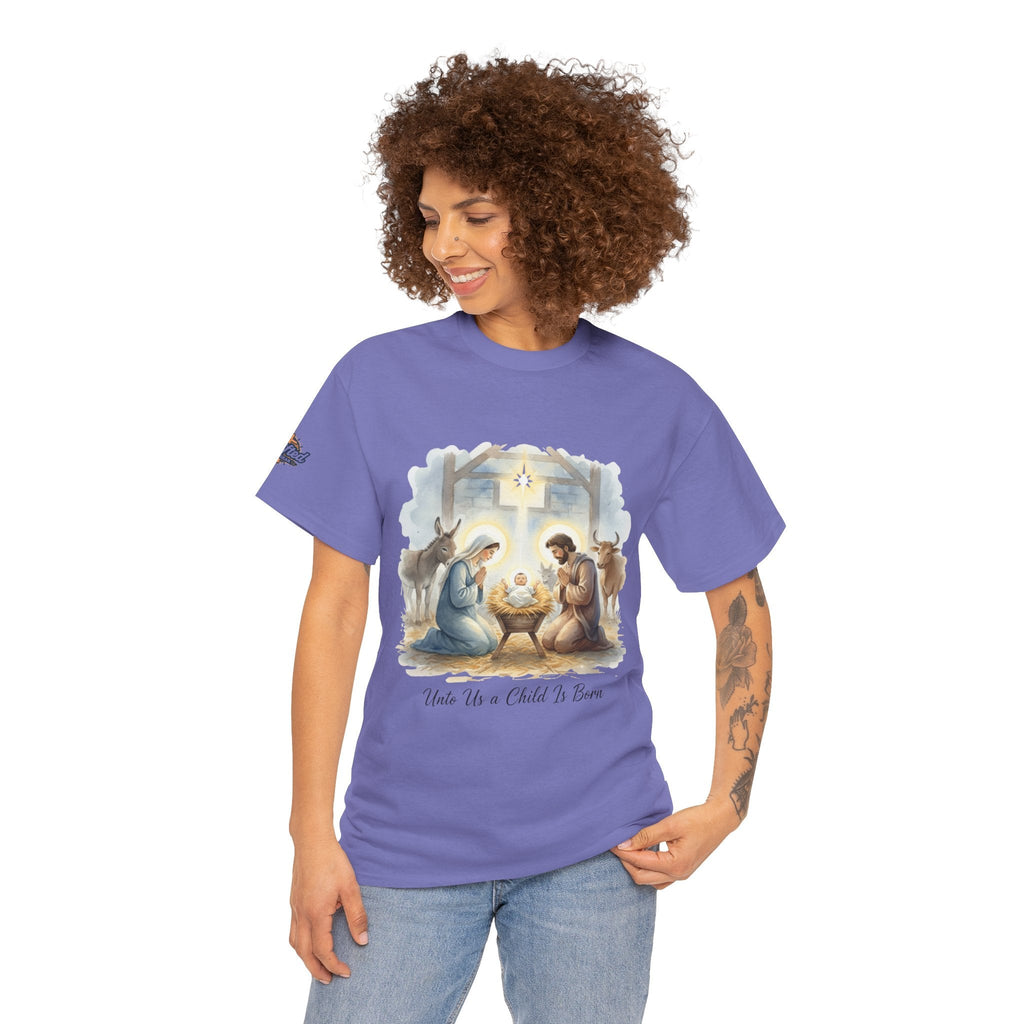 Unto Us a Child is Born T-shirt – Isaiah 9:6 Nativity Manger Scene Christian Christmas T-shirt for Holy Night Faith Printify