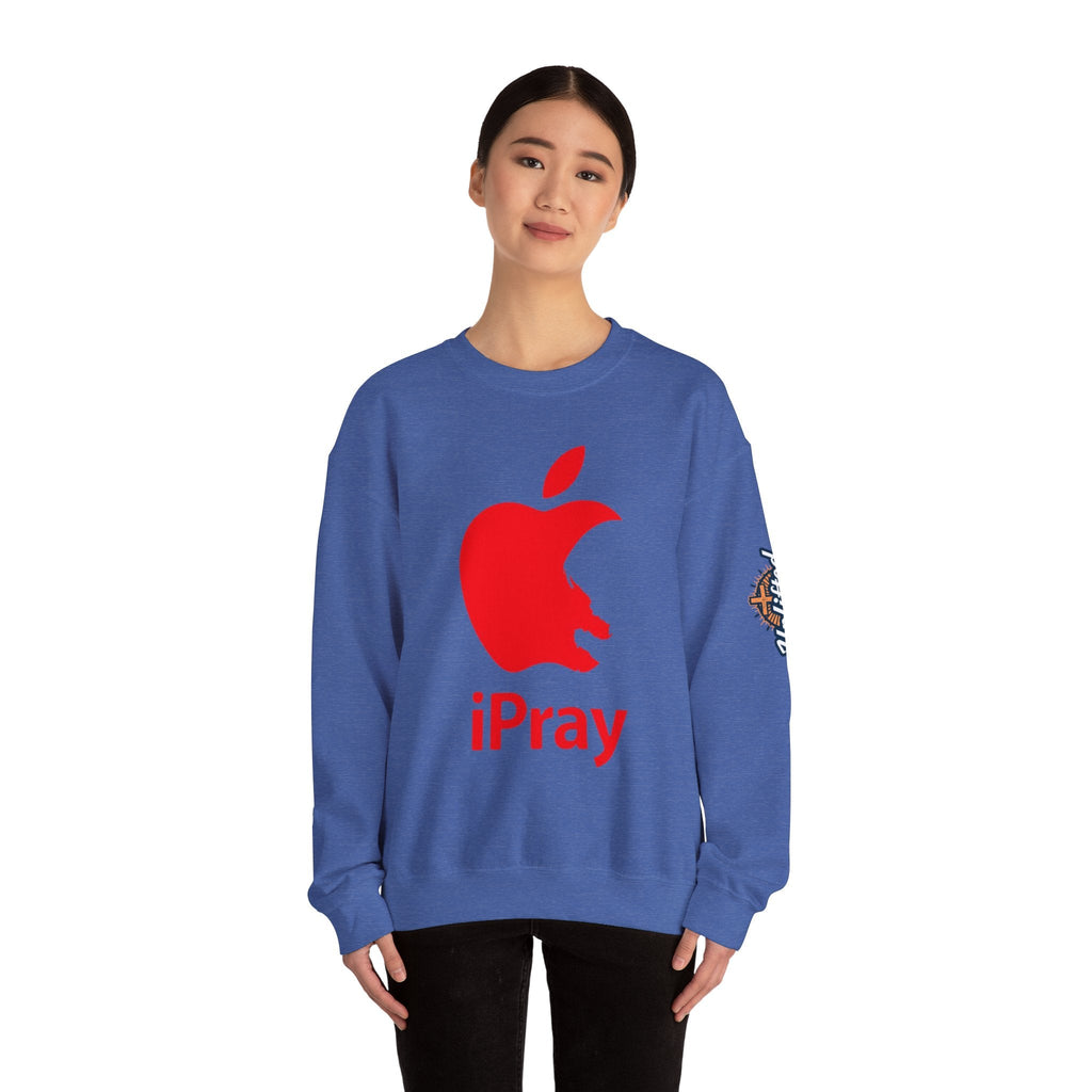 iPray Apple Logo Sweatshirt — Funny Christian Sweatshirt (Minimal Red Apple Graphic) Printify