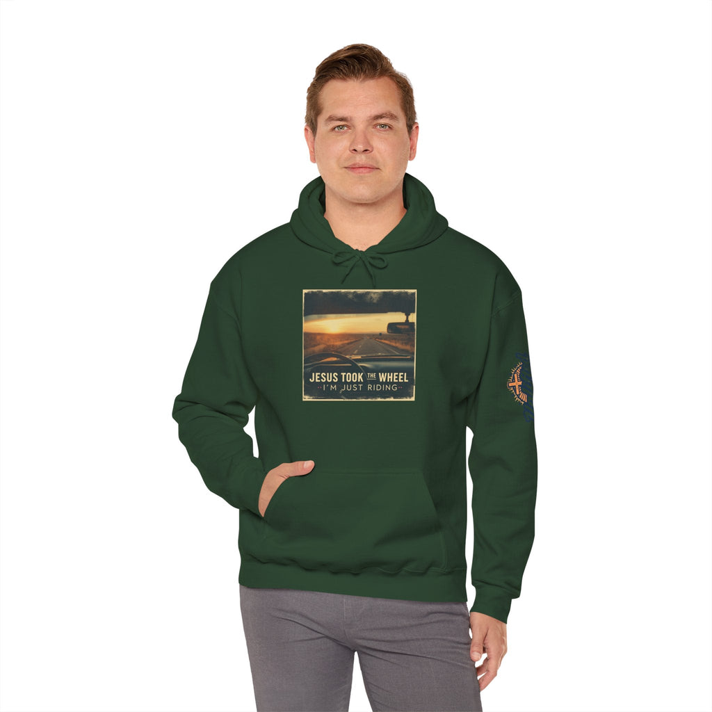 Jesus Took the Wheel I'm Just Riding Hoodie – Funny Christian Convertible Car Sweatshirt for Surrendered Faith & Humor Printify