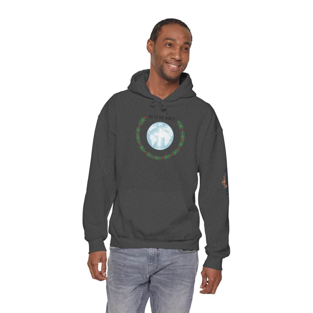 Joy to the World Hoodie – Wreath Earth Nativity Christian Christmas Sweatshirt for Isaiah 9:6 Holiday Faith & Festive Joy Printify