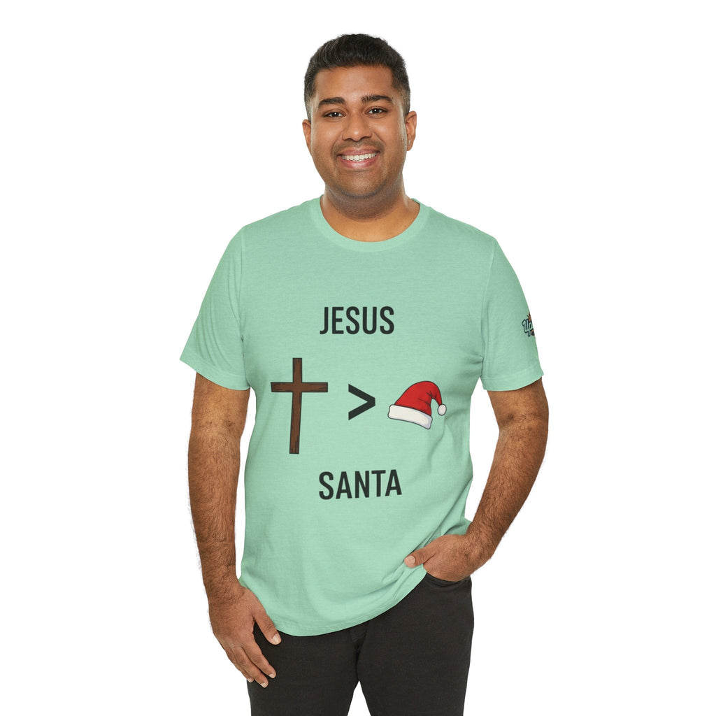 🎄 Jesus > Santa – Minimalist Christian Christmas T-Shirt | Bold Faith Over Holiday Tee | Cross vs Santa Hat Design | Uplifted Gear Printify