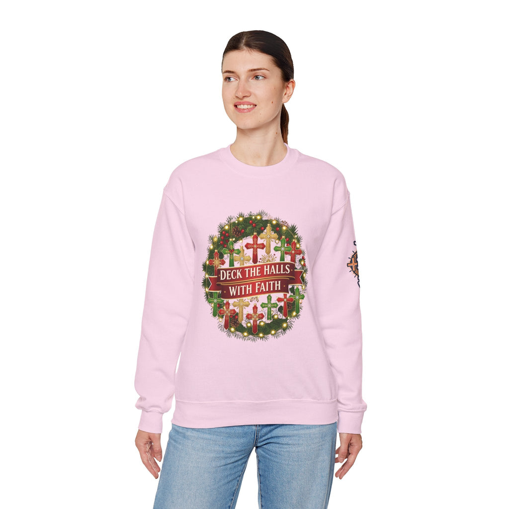 🎄 Deck the Halls with Faith – Christian Christmas Sweatshirt | Cross Ornament Design & Festive Garland | Bold Holiday Faith Tee by Uplifted Gear Printify