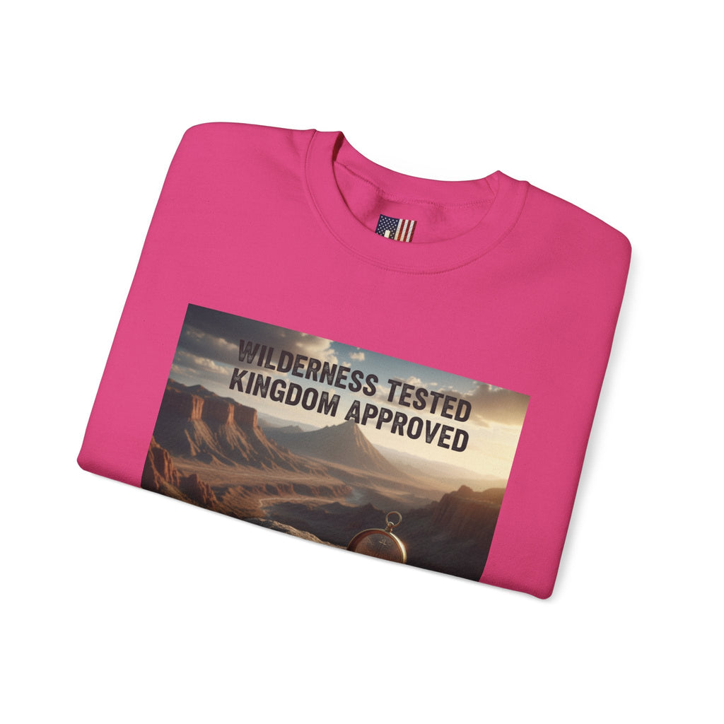 Wilderness Tested Kingdom Approved Sweatshirt – Mountain Desert Compass Crown Christian Sweatshirt for Biblical Adventure Faith Printify