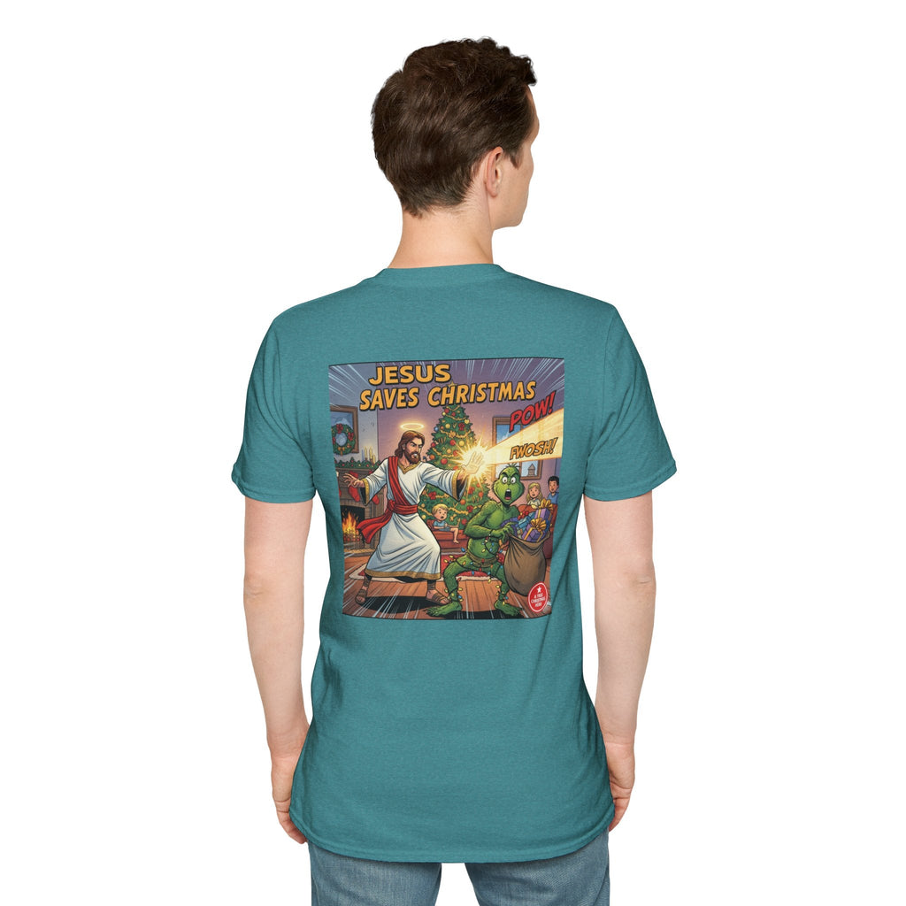 Jesus Saves Christmas T-shirt – Grinch vs Savior Light Battle Christian T-shirt for Hilarious Holiday Faith & True Joy Printify