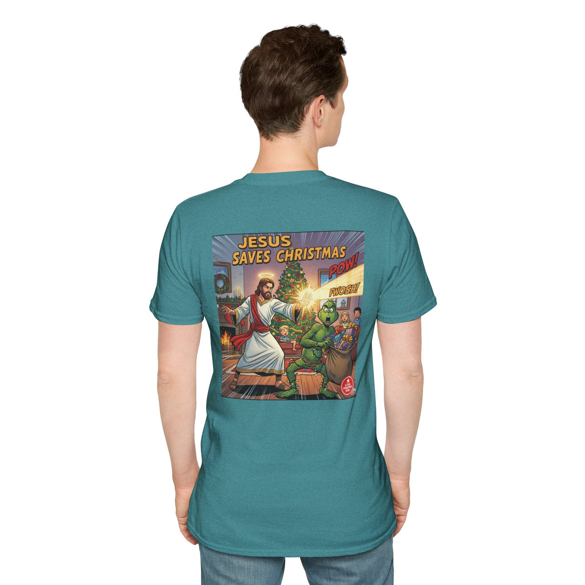 Jesus Saves Christmas T-shirt – Grinch vs Savior Light Battle Christian T-shirt for Hilarious Holiday Faith & True Joy Printify