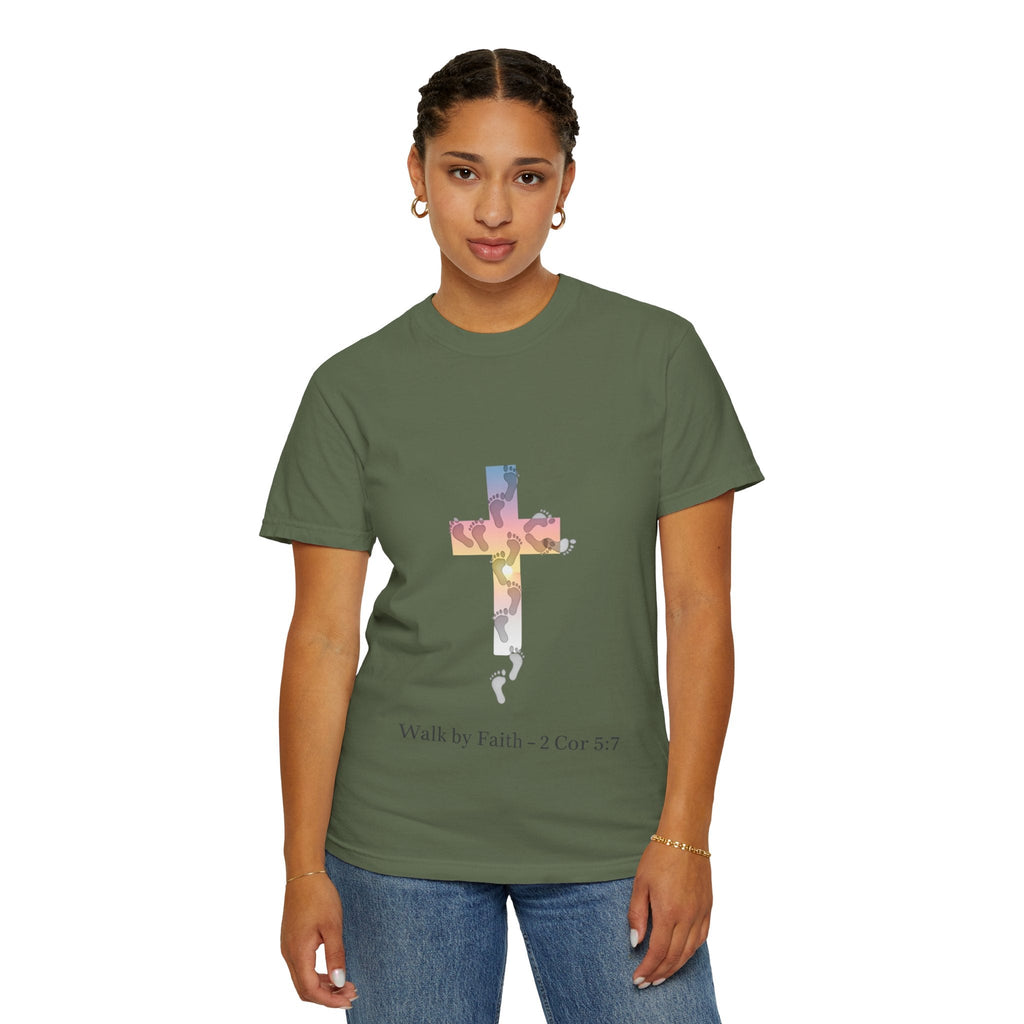 Walk by Faith T-Shirt – Cross & Footprints Christian Tee for Bold Believers Printify