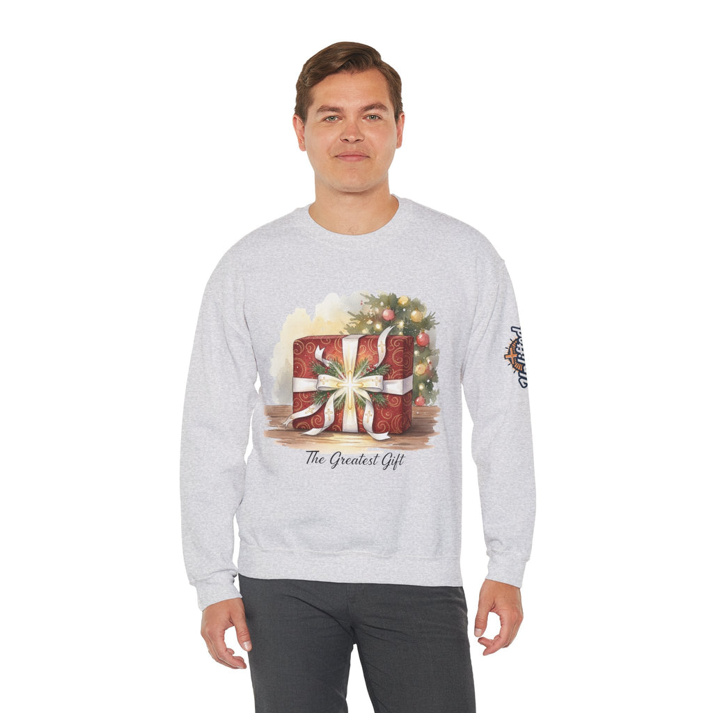 The Greatest Gift Sweatshirt – Cross Bow Present Christian Sweatshirt for Christmas Salvation & Eternal Faith Printify