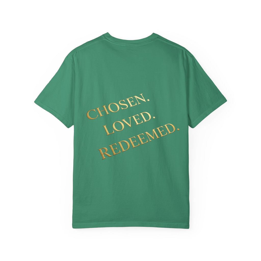 ✨ Chosen. Loved. Redeemed. – Elegant Christian T-Shirt | Gold Foil Faith Tee | Subtle Cross & Heart Design | Inspirational Bible Verse Apparel by Uplifted Gear Printify