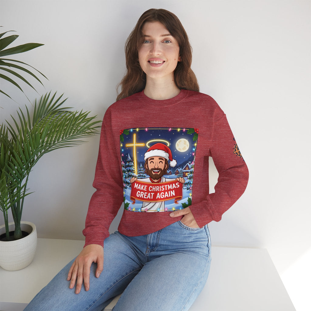 🎄 Make Christmas Great Again – Funny Christian Sweatshirt | Jesus Holding Banner | Faith-Based Holiday Parody Tee | Uplifted Gear Printify