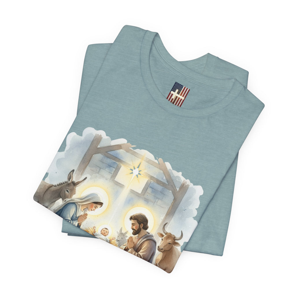 Unto Us a Child is Born T-shirt – Isaiah 9:6 Nativity Manger Scene Christian Christmas T-shirt for Holy Night Faith Printify