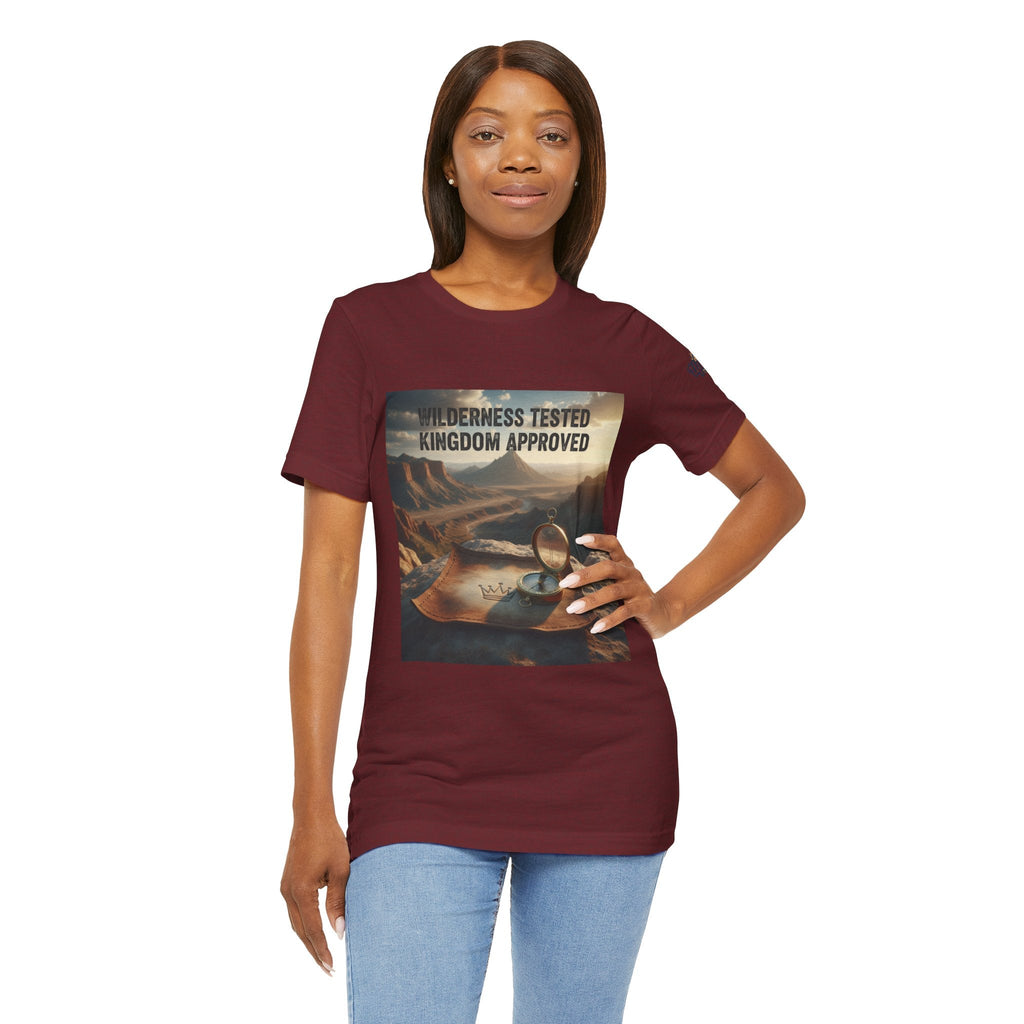 Wilderness Tested Kingdom Approved T-shirt – Mountain Desert Compass Crown Christian T-shirt for Biblical Adventure Faith Printify