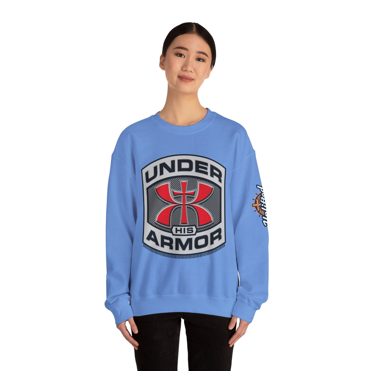 Under His Armor Crewneck Sweatshirt — Christian Faith Graphic Pullover Printify