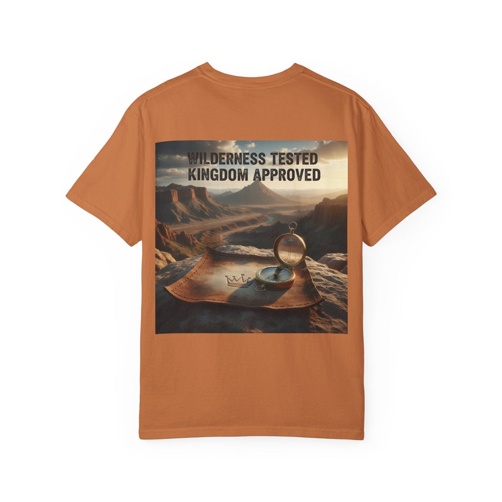 Wilderness Tested Kingdom Approved T-shirt – Mountain Desert Compass Crown Christian T-shirt for Biblical Adventure Faith Printify